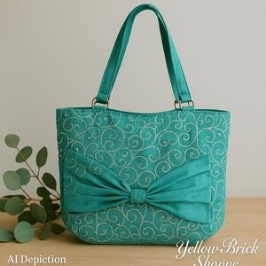 Turquoise Silver Swirl Fabric Tote Purse Shoulder Bag with Bow Accent, Handmade